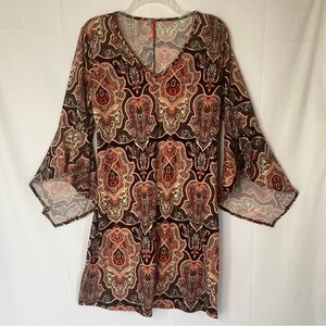 PAOLINO WOMENS BELL FLUTTER SLEEVE DRESS SZ M BLACK CREAM ORANGE USA POLY/SPANDE